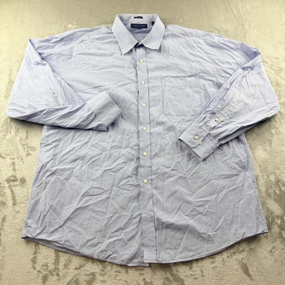 Tommy Hilfiger Regular Mens 17.5 34-35 Dress Shirt Light Blue White Micro Stripe